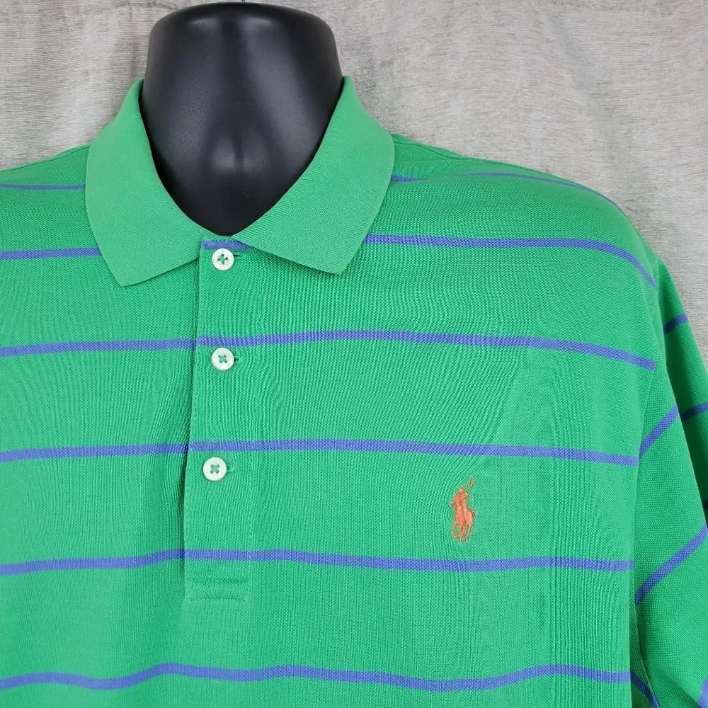 Polo Ralph Lauren Golf Green Blue Stripes Polo Shirt Short Sleeves Men's Large
